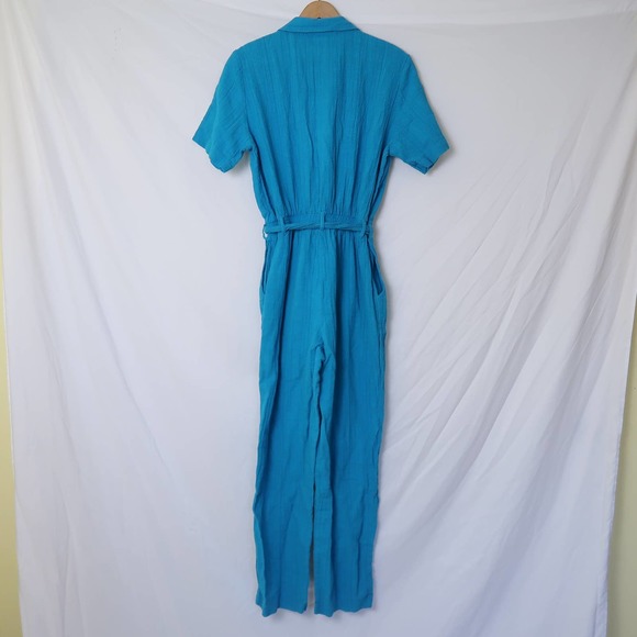 Vintage 80s Saint Germain Paris turquoise blue gauze jumpsuit Large - Picture 6 of 10